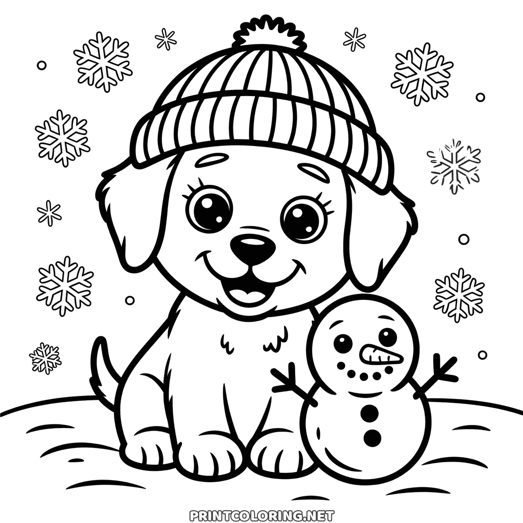Winter puppy coloring page: a fluffy puppy in a bobble hat next to a tiny snowman