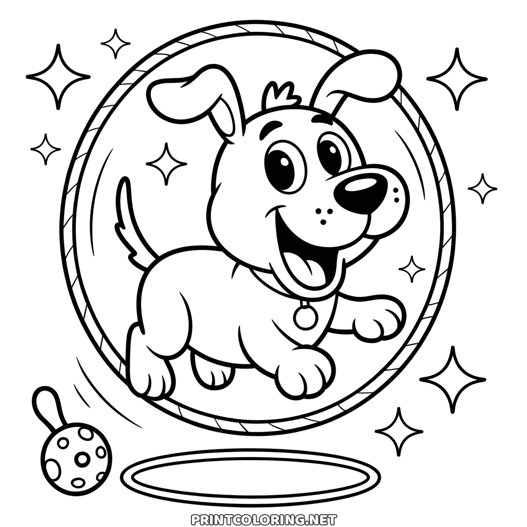 Easy puppy coloring page: a happy pup leaping through a big hoop among sparkles