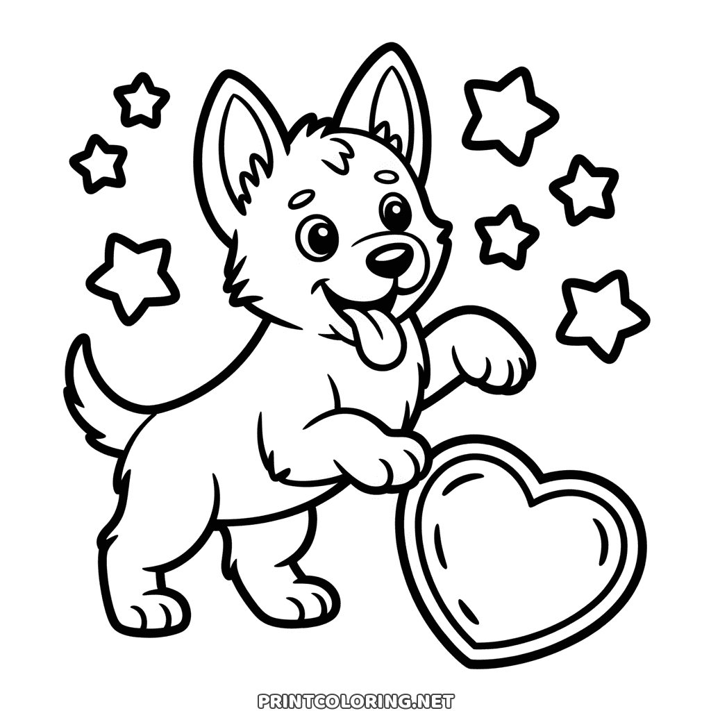 Cute puppy with its tongue out, one paw on a big heart and stars around, easy dog coloring page