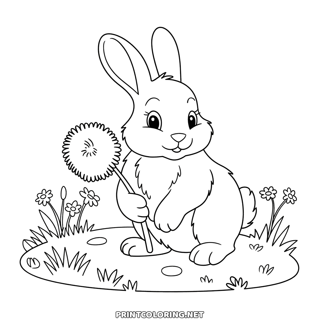 Sitting up in a meadow, a cute bunny holds a dandelion puff in one paw on this rabbit coloring page