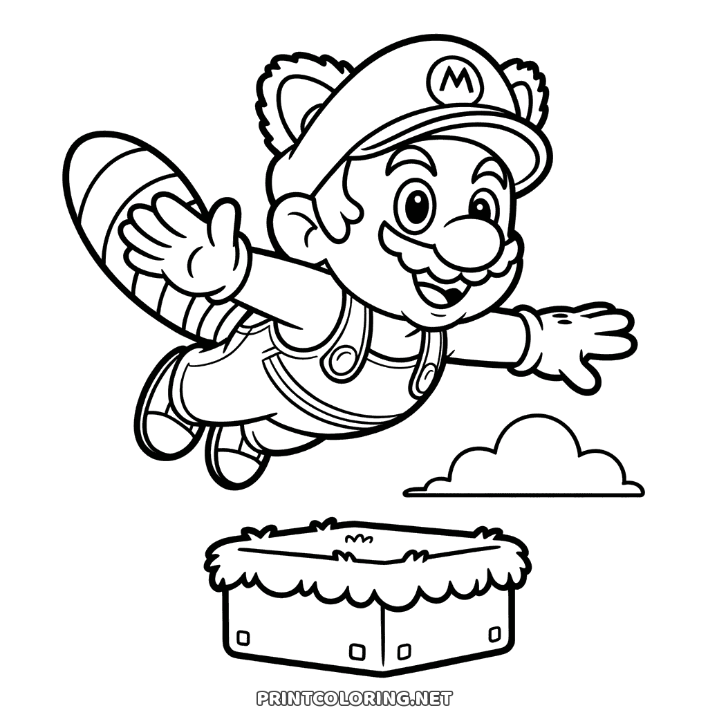 Ausmalbild zum Ausdrucken: Waschbär-Mario fliegt mit Waschbärohren und gestreiftem Schwanz
