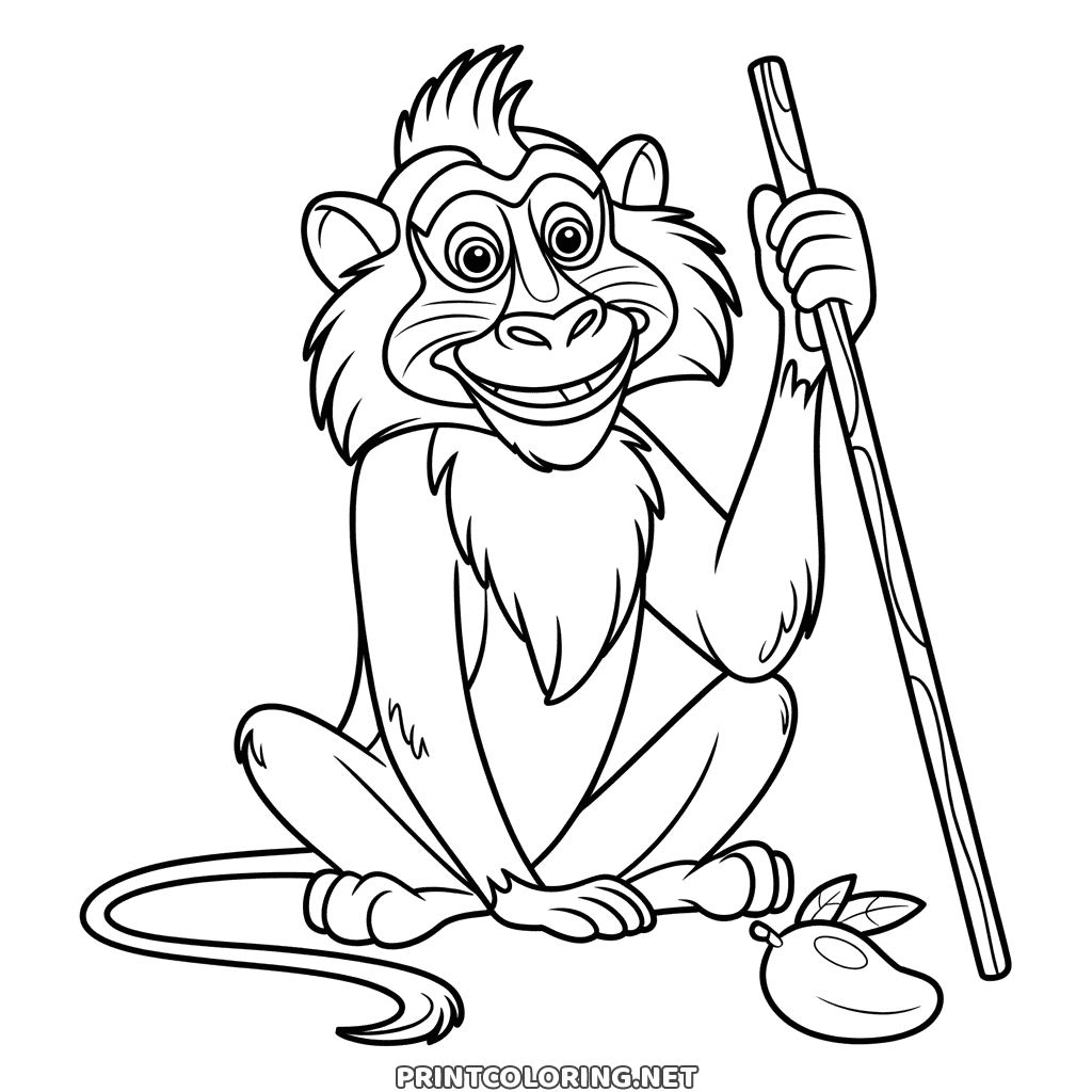 Rafiki, the mandrill of The Lion King, sitting cross-legged with his long stick, free coloring page