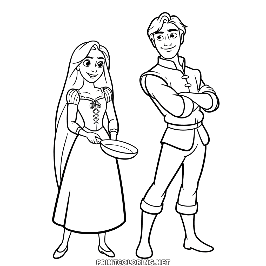 Rapunzel and Flynn Rider coloring page, the princess gripping a frying pan beside him as he crosses his arms