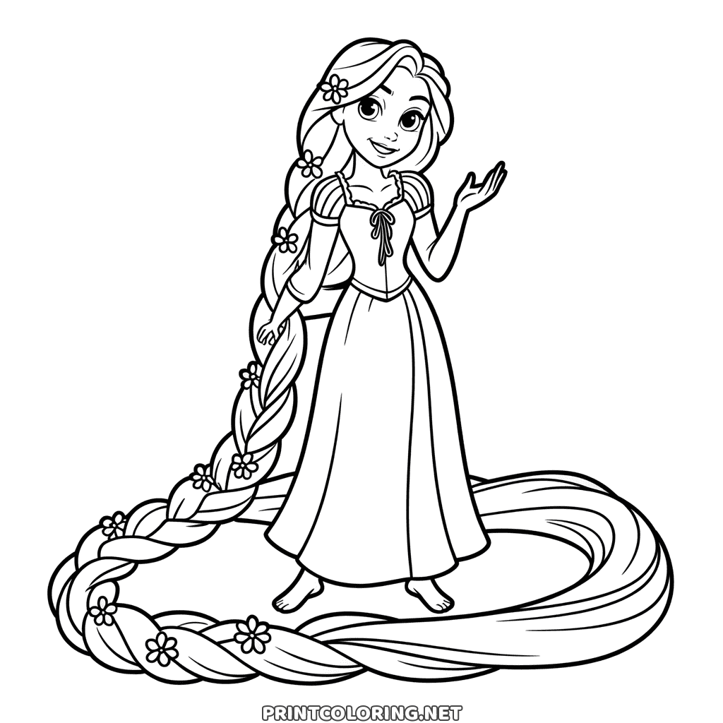 Rapunzel coloring page: the princess standing barefoot, her long braid dotted with flowers coiled around her