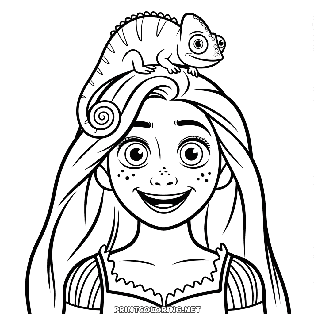 Cute Rapunzel coloring page: a big freckled smile and Pascal the chameleon perched on top of the princess's head