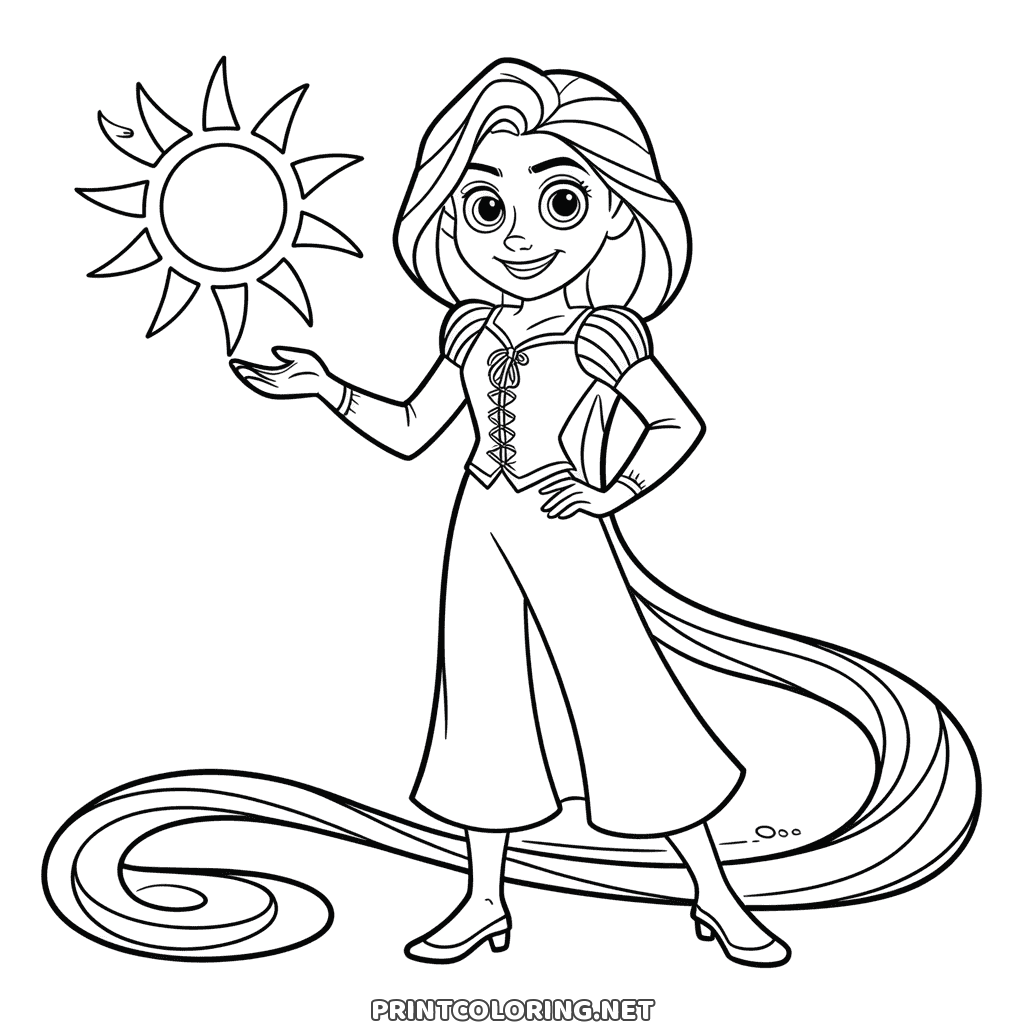 Princess Rapunzel and the sun coloring page, one hand on her hip, her hair curling across the ground
