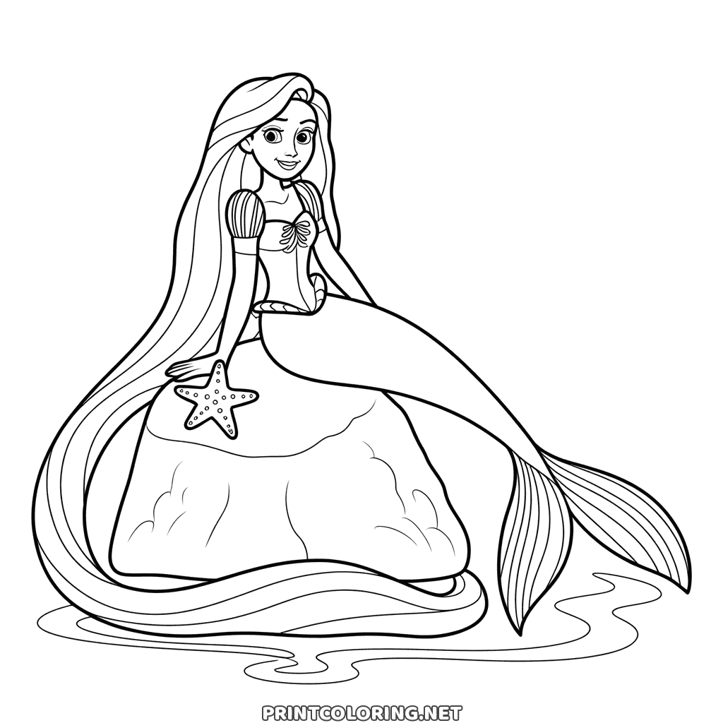 Rapunzel som havfrue, tegning til farvelægning: prinsessen på en klippe med fiskehale og en søstjerne