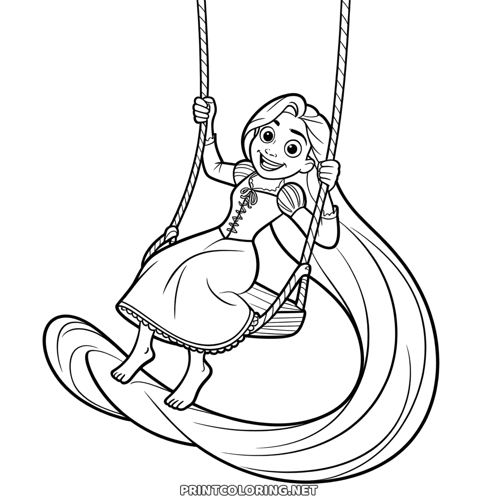 Rapunzel on a swing coloring page, the barefoot princess holding the ropes as her hair swoops below in a big loop