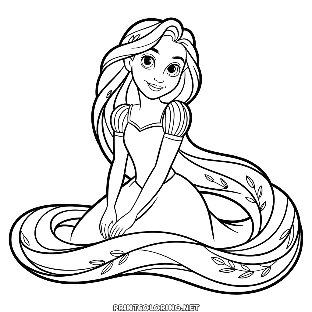 Princess Rapunzel coloring page with her hair looped all around her as she kneels, little leaves along the strands