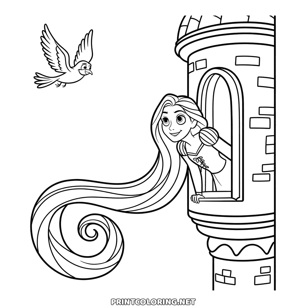 Princess Rapunzel coloring page: leaning from a tower window, hair coiling down