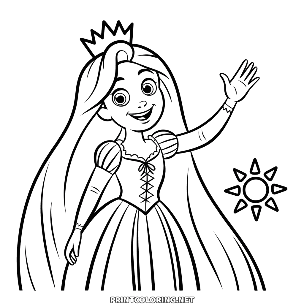 Printable Rapunzel coloring page: the smiling princess waving in a little crown, a sun drawn on the right