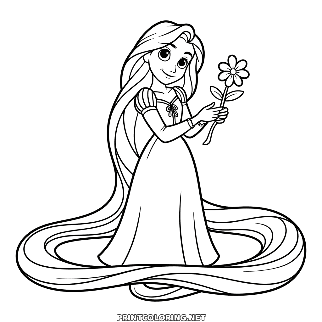 Pretty coloring page of princess Rapunzel holding a flower, her hair looping in rings around her feet