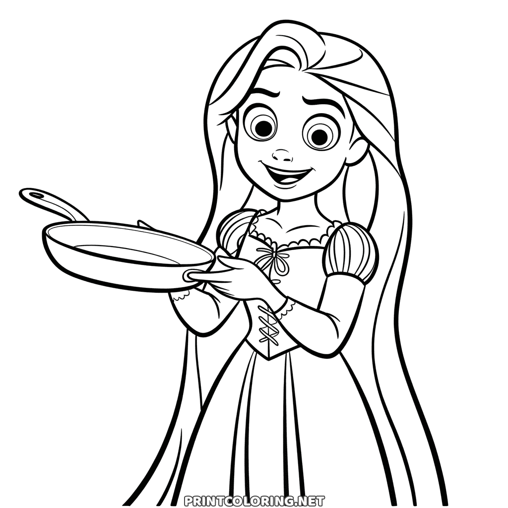 Rapunzel with a frying pan coloring page: the princess holding out her pan with a big cheeky grin