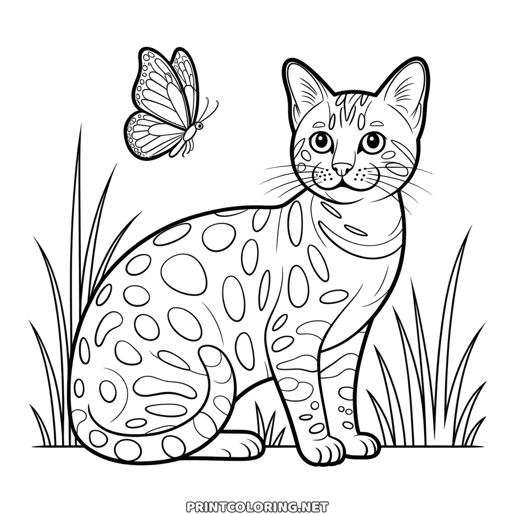 Realistic bengal cat coloring page: spotted coat, standing in tall grass