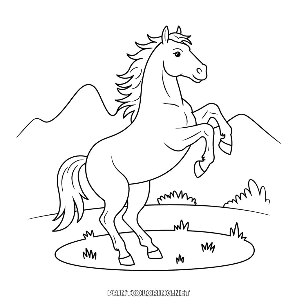 Rearing horse coloring page: up on its hind legs with mountains in the distance