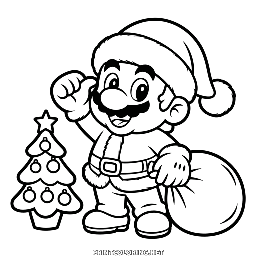 Mario als Weihnachtsmann mit großem Sack neben einem Weihnachtsbaum: lustiges Weihnachten Ausmalbild