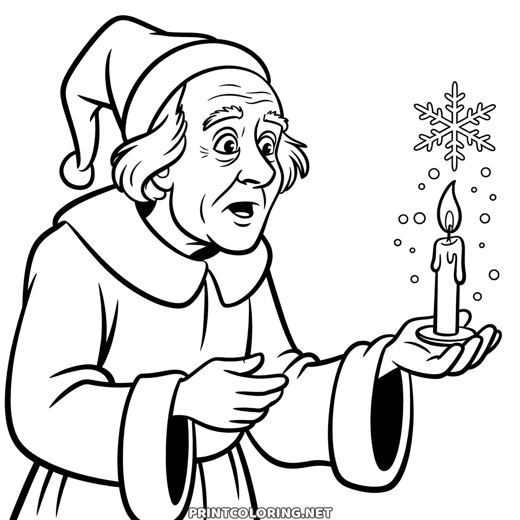 Ebenezer Scrooge coloring page in a nightcap, a candle in his hand, from A Christmas Carol
