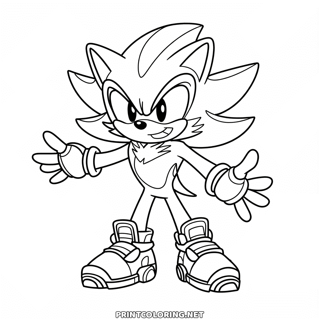 Shadow the Hedgehog Ausmalbild: Sonics Rivale mit hochstehenden Stacheln und Schwebeschuhen
