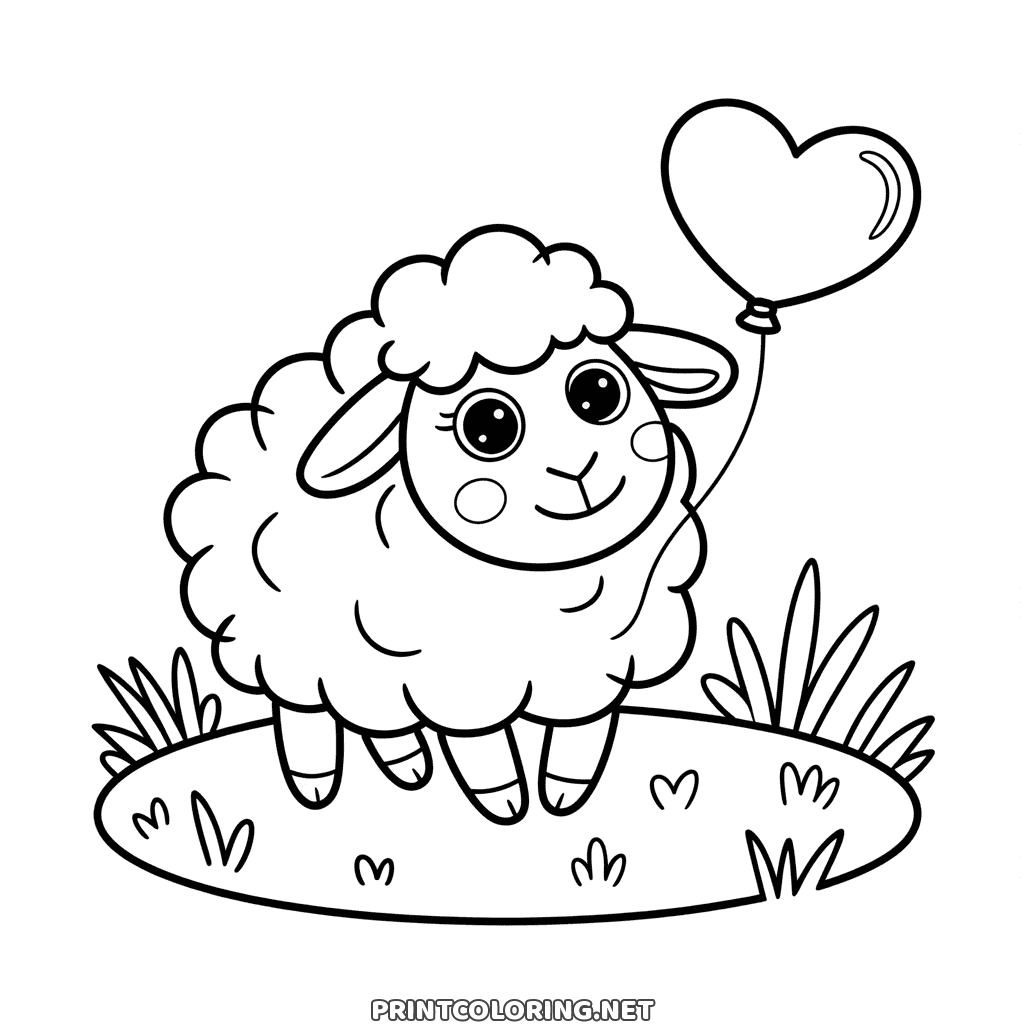 Sheep with a heart balloon coloring page: a cute woolly sheep with rosy cheeks on a round patch of grass