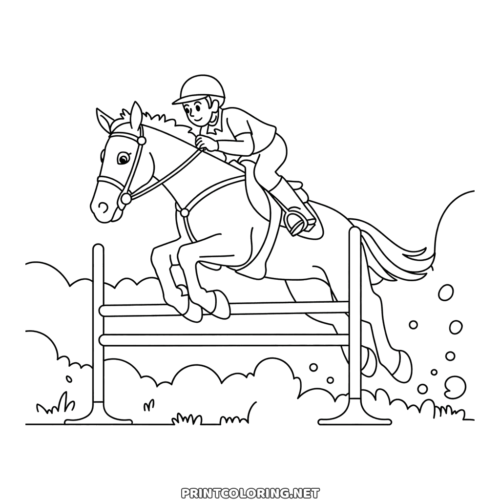 Show jumping horse coloring page: a rider taking a horse over a fence of poles