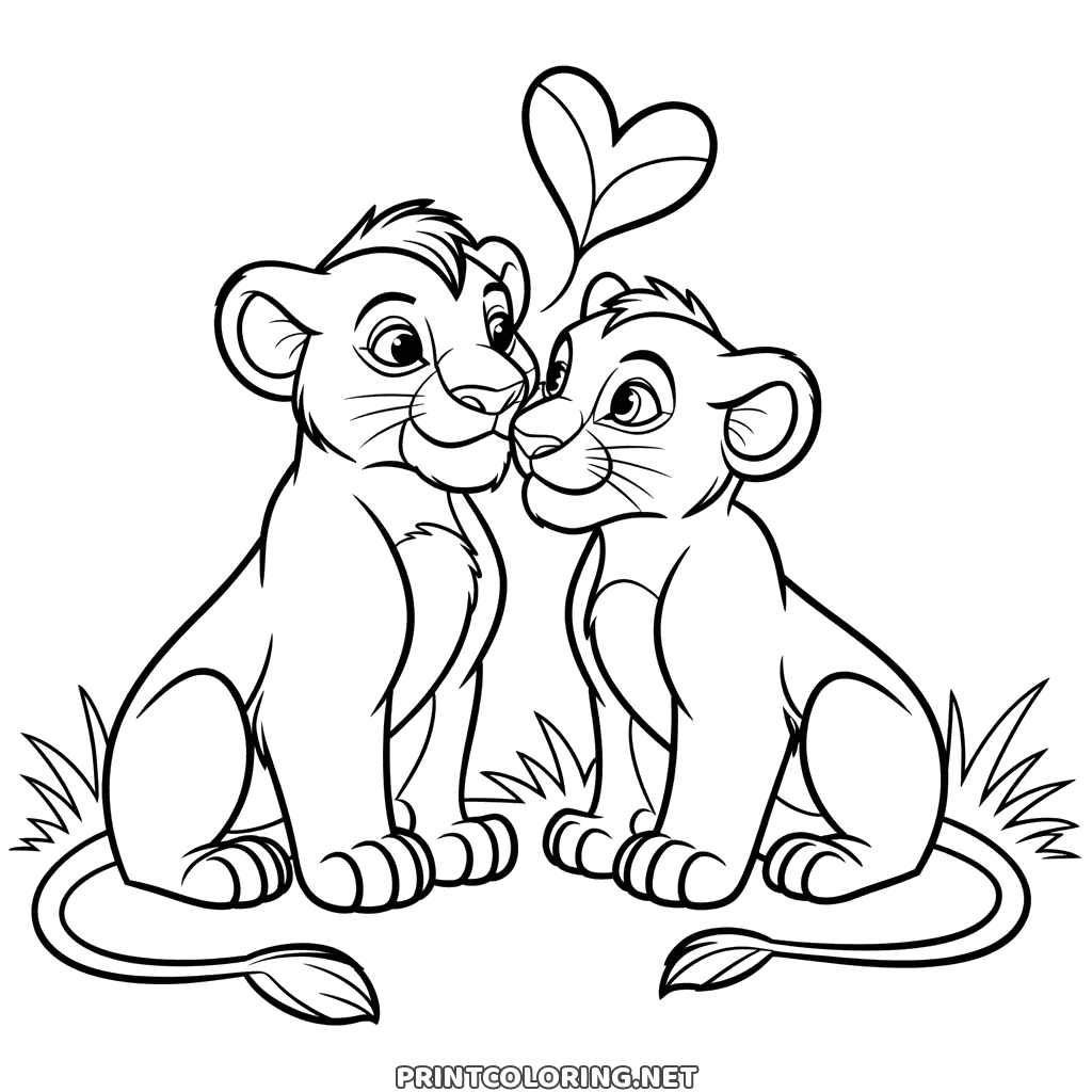 Simba and Nala nose to nose under a heart, a cute coloring page from the Lion King film