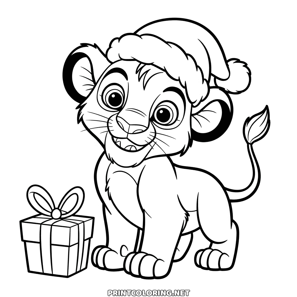 Simba grinning under a Santa hat by a wrapped Christmas present, an easy Lion King coloring page