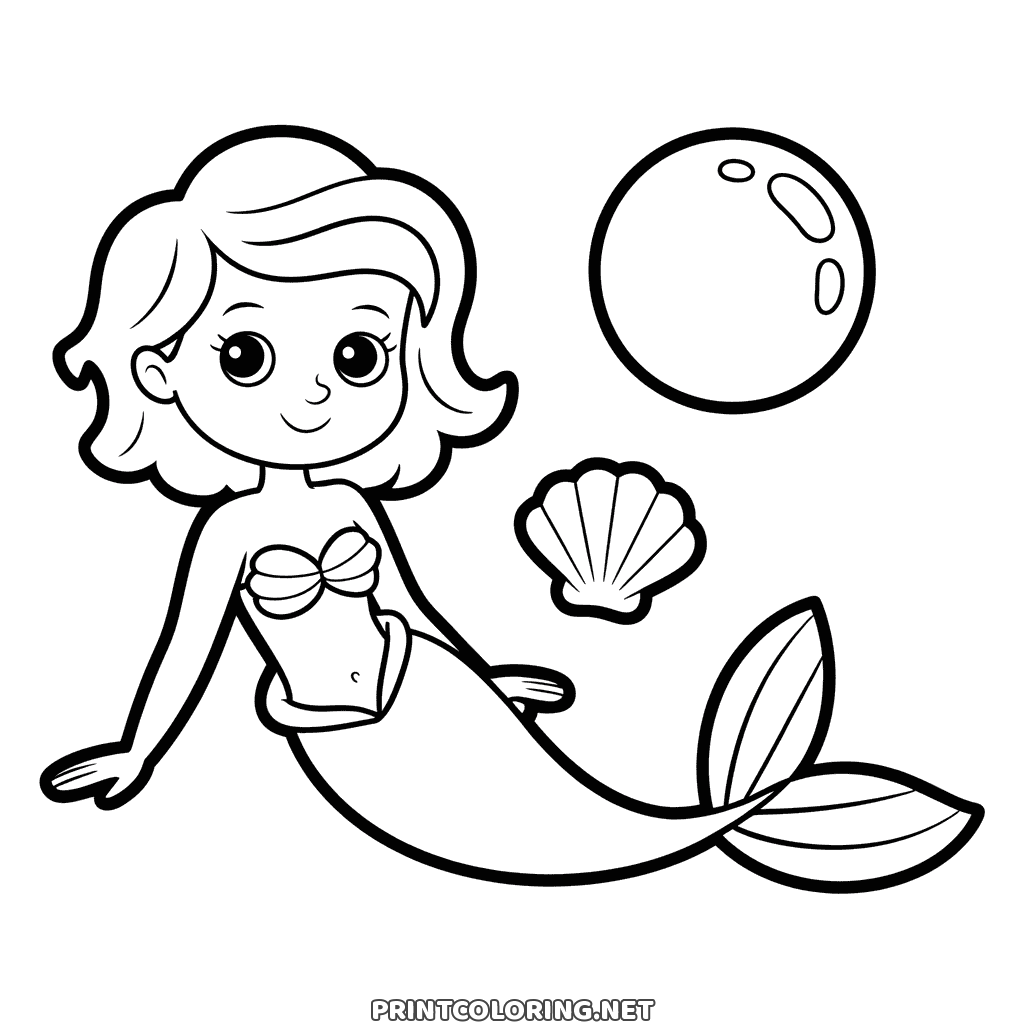 Simple mermaid coloring page for toddlers: a mermaid lying on one arm by a shell and a bubble