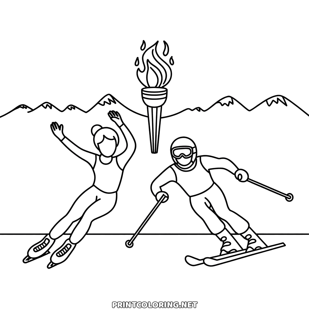 Winter sports coloring page of a skier in goggles and a figure skater, a flaming torch and mountains behind