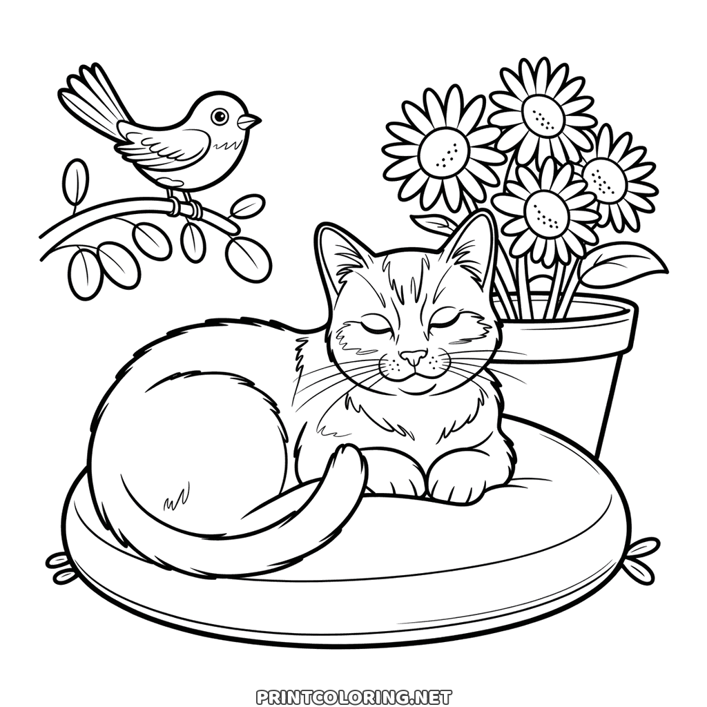 Sleeping cat coloring page: curled asleep on a cushion beside a pot of daisies