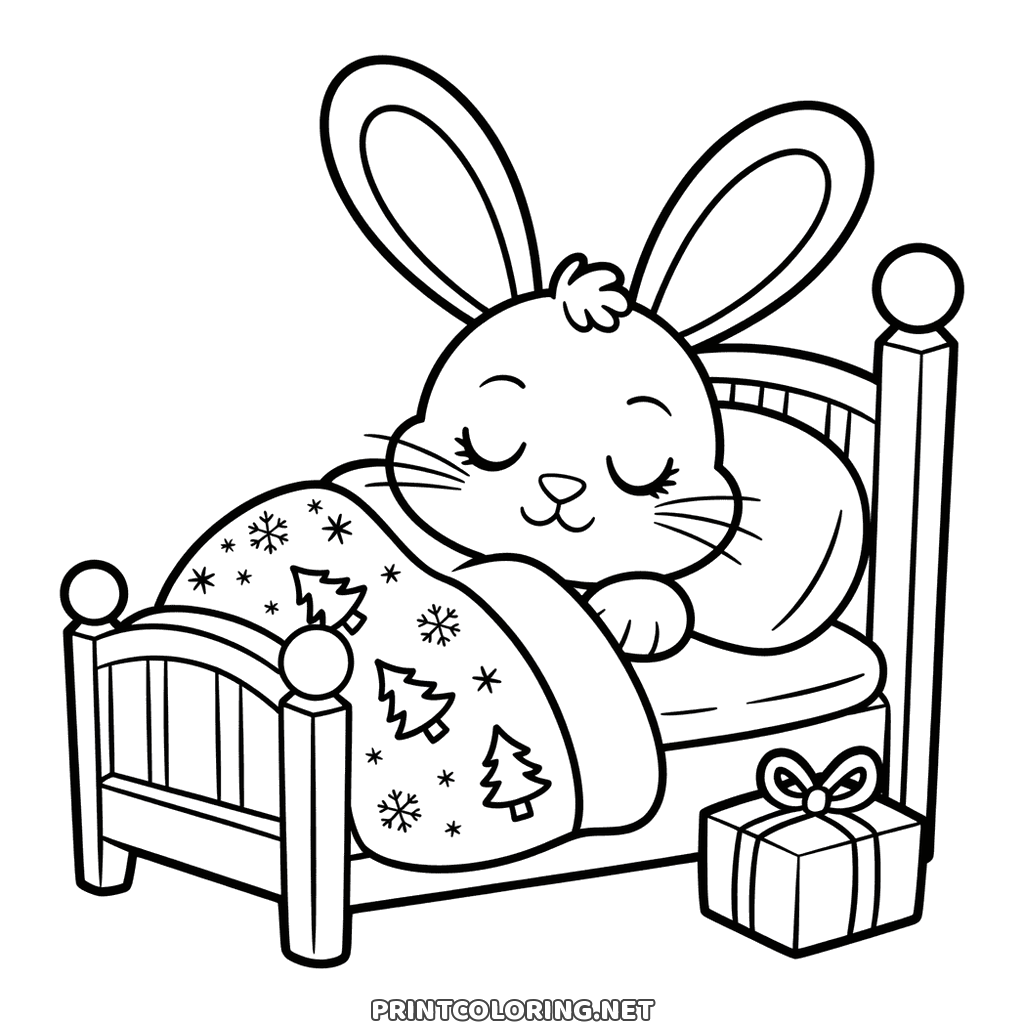 Cute Christmas bunny coloring page: asleep in a bed under a patterned duvet