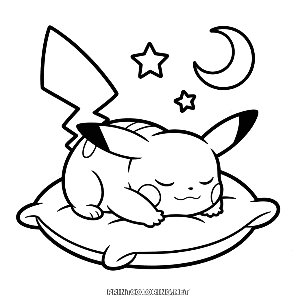 Pokémon coloring page: Sleeping Pikachu curled on a cushion under a crescent moon and a star