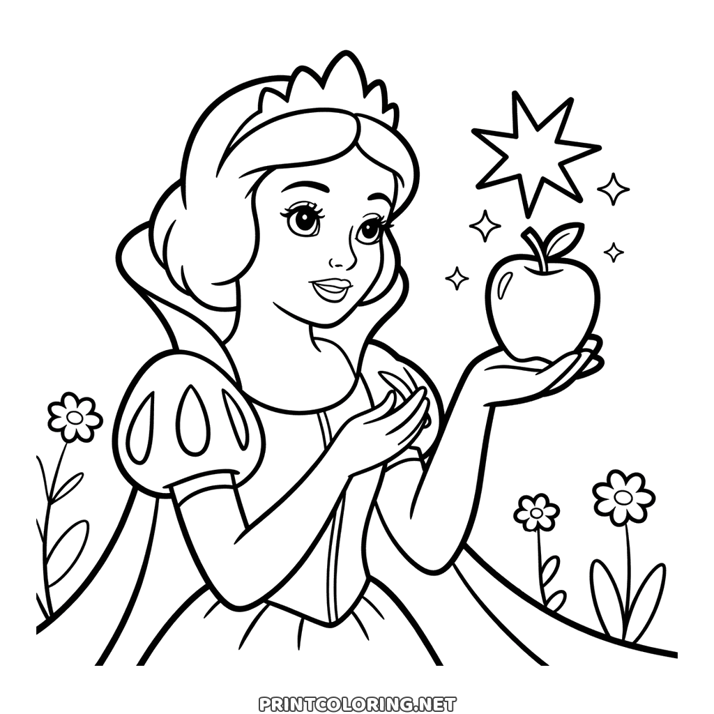 Princess Snow White coloring page: holding up an apple with flowers at her feet