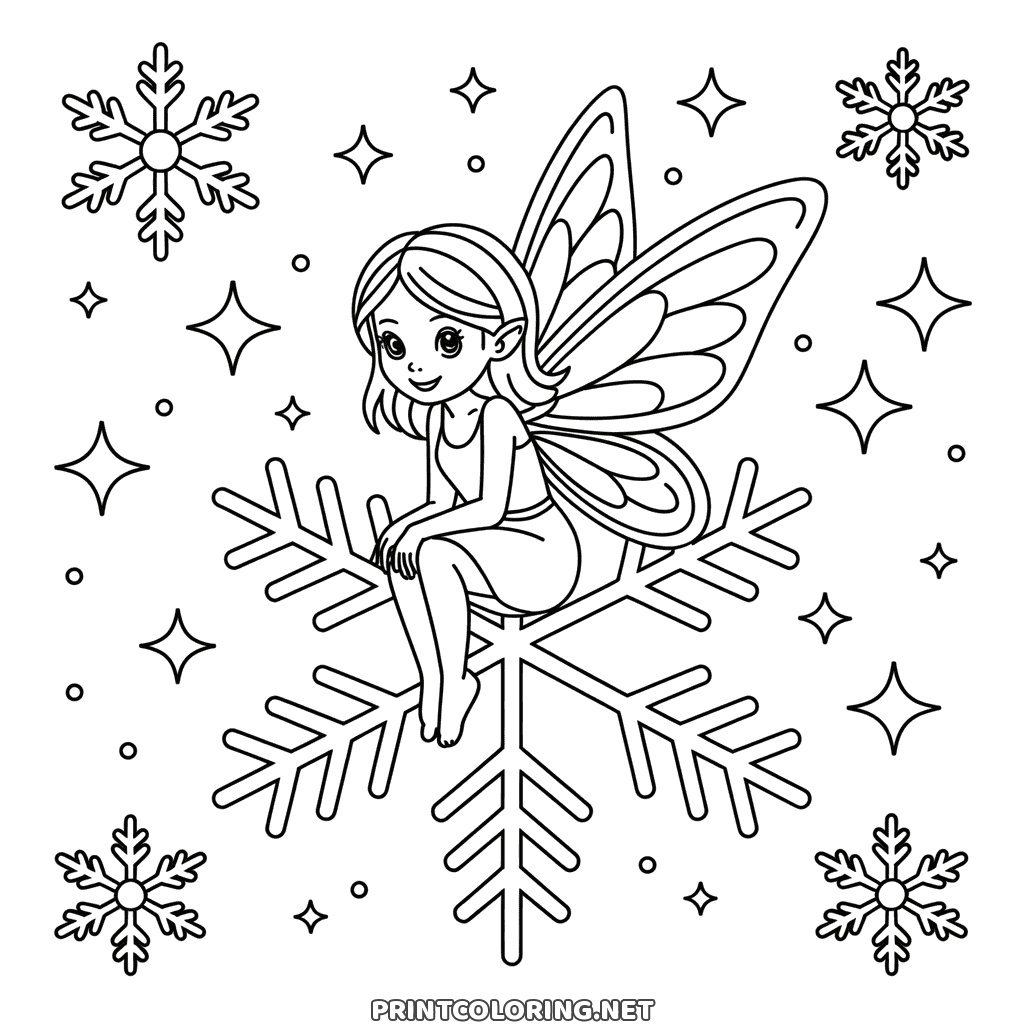 Winter fairy coloring page with butterfly wings, sitting on a giant snowflake among stars