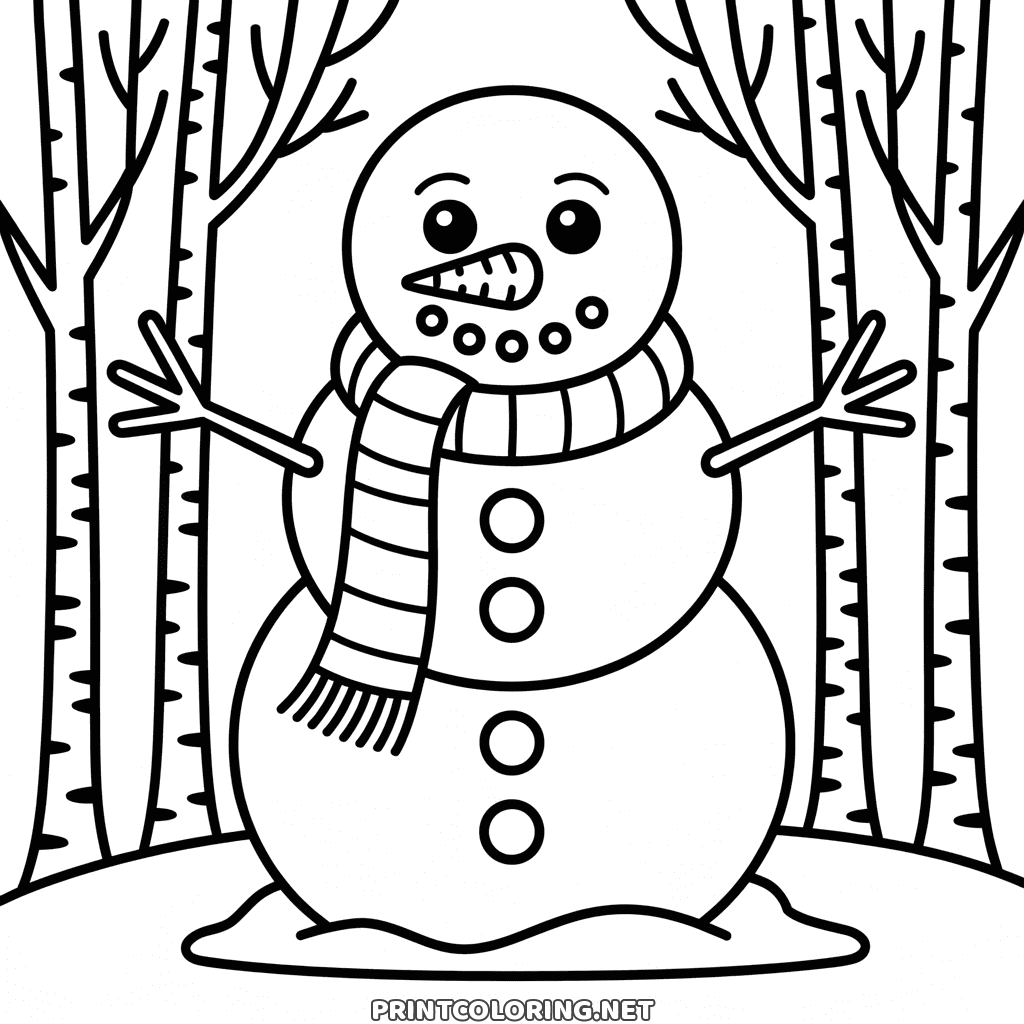 Coloriage bonhomme de neige d'hiver : un grand bonhomme à écharpe rayée entre des bouleaux nus