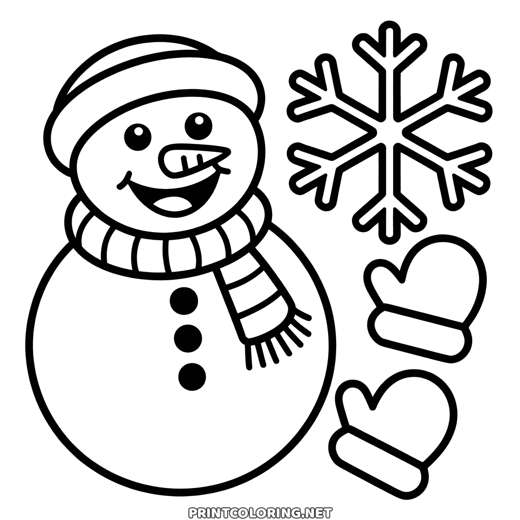 Preschool snowman coloring page, easy and round: a big smiling snowman in a scarf next to a snowflake and two mittens