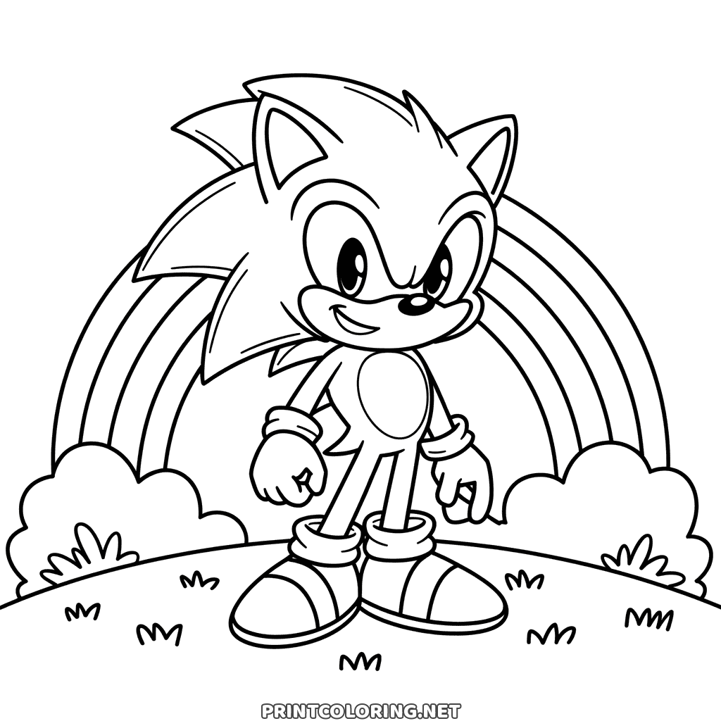 Sonic and a rainbow coloring page: Sonic standing on a hill with a big rainbow behind him