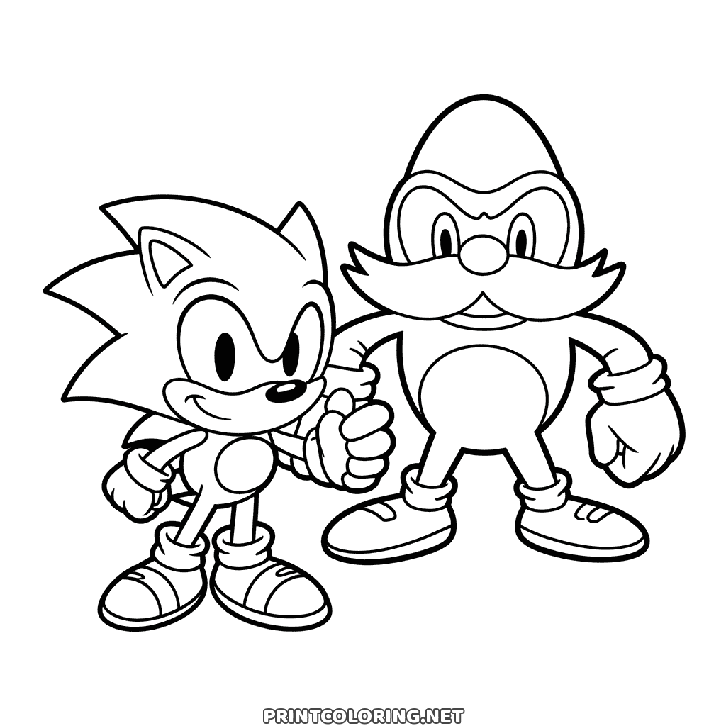 Sonic und Dr. Eggman Ausmalbild: Sonic mit Daumen hoch neben dem runden Bösewicht