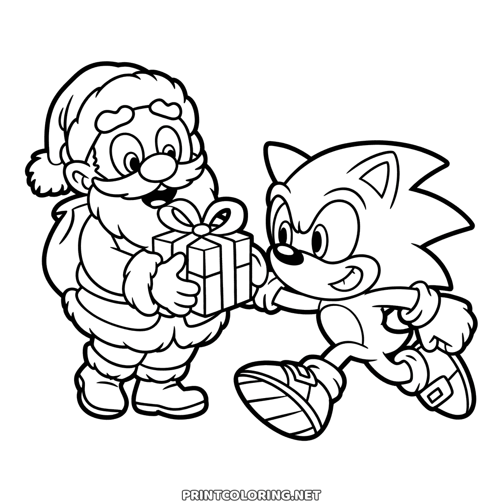 Sonic Weihnachten Ausmalbild: Sonic nimmt ein Geschenk vom Weihnachtsmann mit seinem Sack