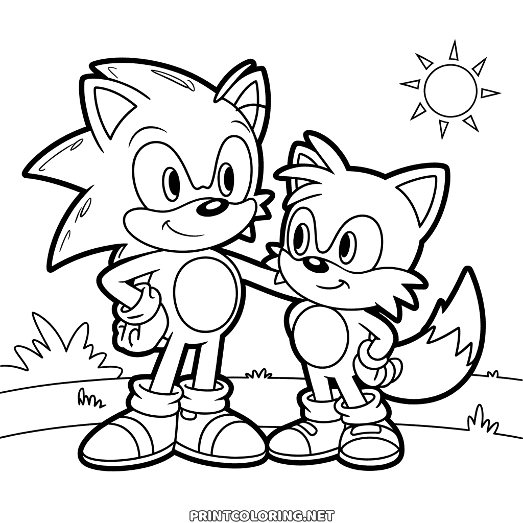 Sonic und Tails Ausmalbild: Sonic legt den Arm um Tails auf einem sonnigen Hügel