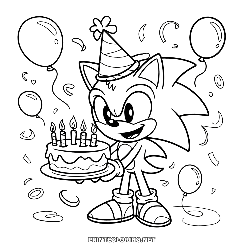 Sonic Geburtstag Ausmalbild: Sonic mit Partyhut hält eine Kerzentorte, Ballons und Konfetti