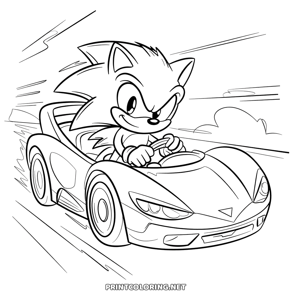 Coloriage Sonic voiture de course : Sonic au volant d'une voiture de sport lancée à fond