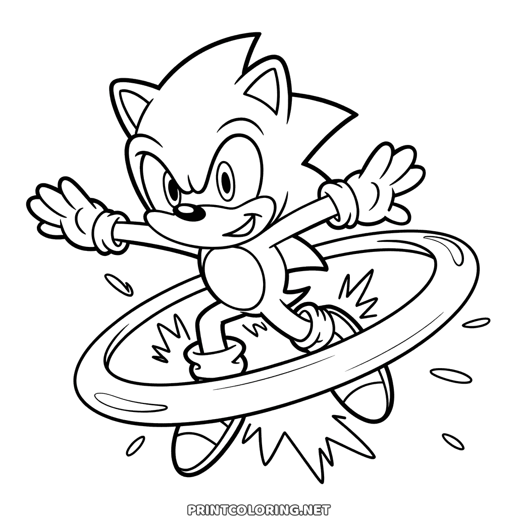 Sonic Ring Ausmalbild: Sonic springt durch einen riesigen goldenen Ring, Funken um ihn herum