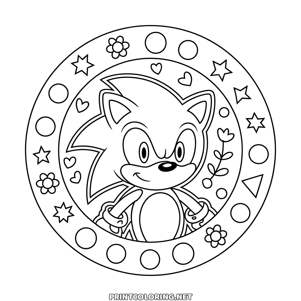 Sonic mandala coloring page: Sonic in a round frame with circles, stars, flowers and hearts