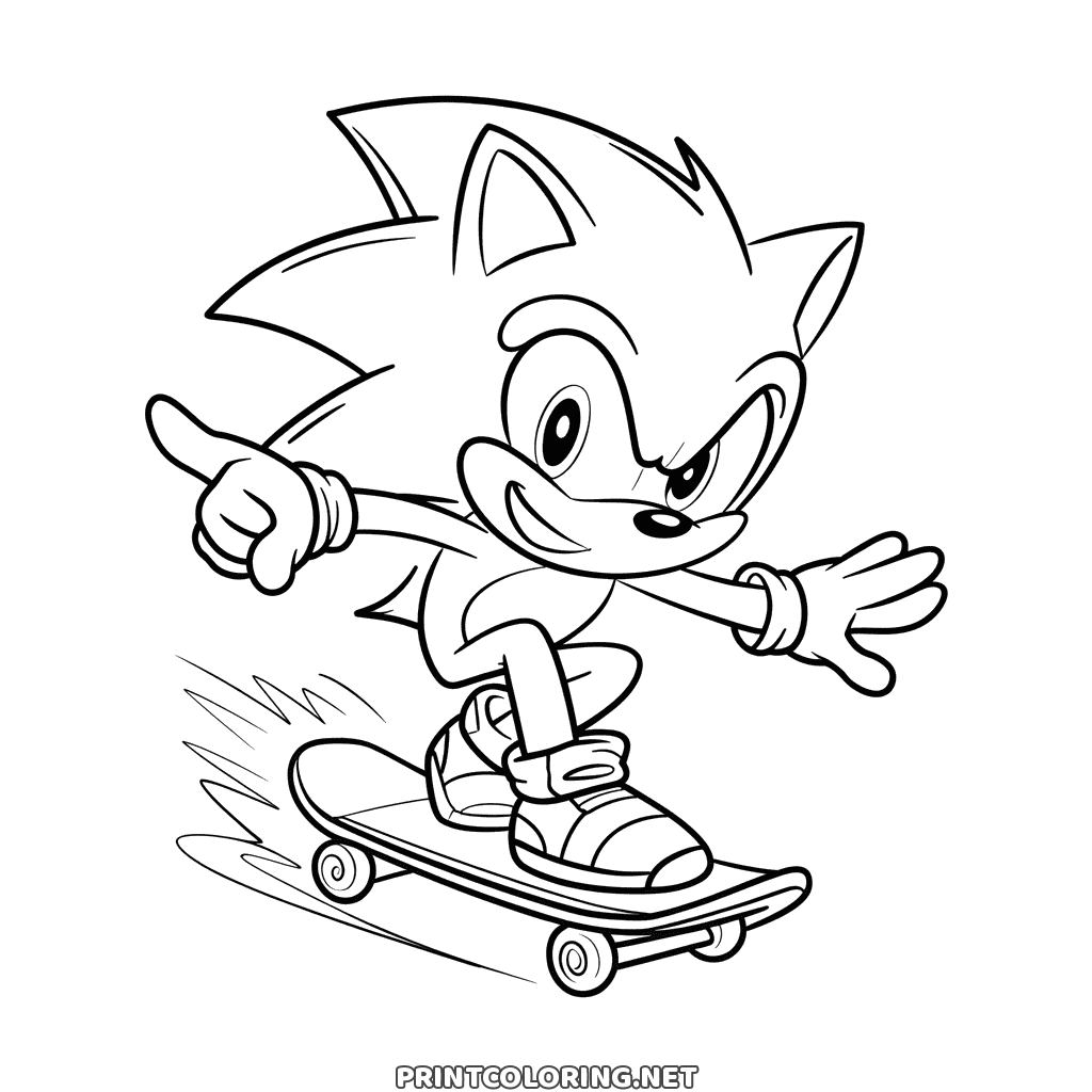 Easy Sonic coloring page with Sonic riding a skateboard, pointing ahead as speed lines streak