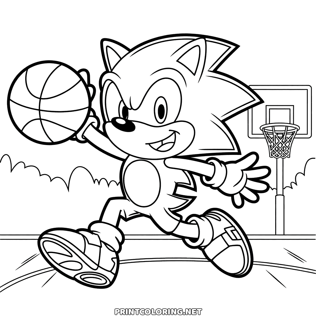 Sonic dribble sur le terrain en direction du panier, un coloriage sportif à imprimer