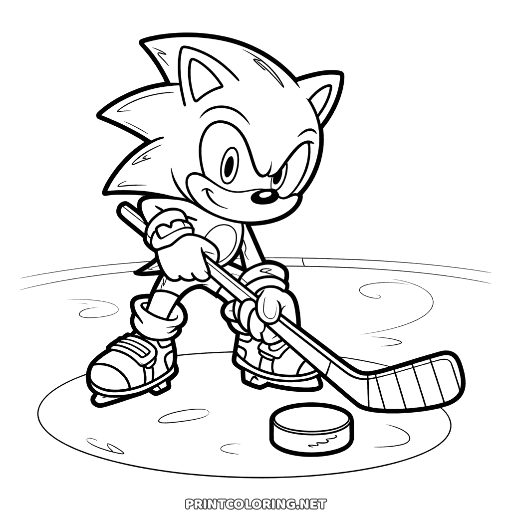 Sonic Eishockey Ausmalbild: Sonic in Schlittschuhen mit Schläger und Puck auf dem Eis