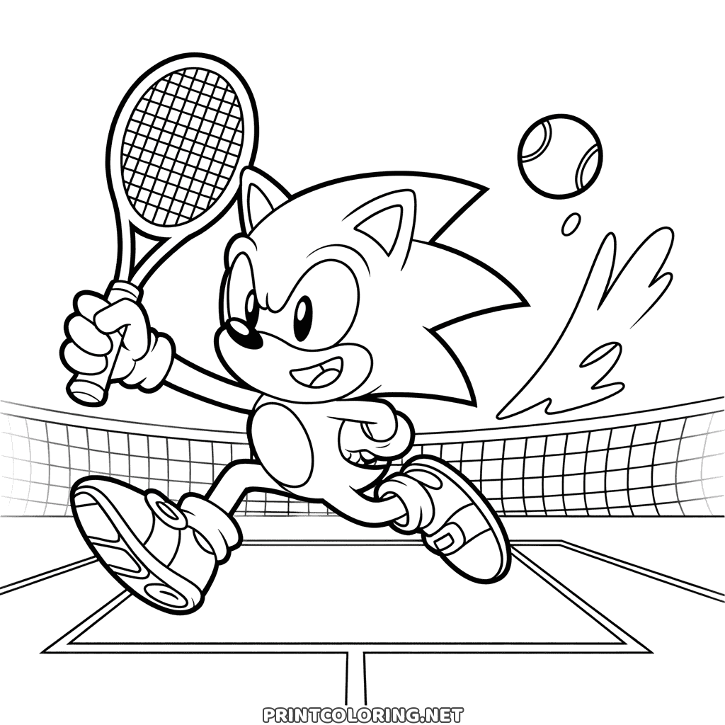 Sonic playing tennis coloring page for kids: Sonic running with a racket raised by the net
