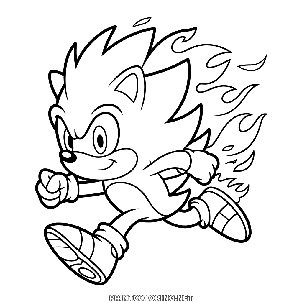 Rennender Sonic Ausmalbild: Sonic rast mit voller Geschwindigkeit, Flammen hinter ihm