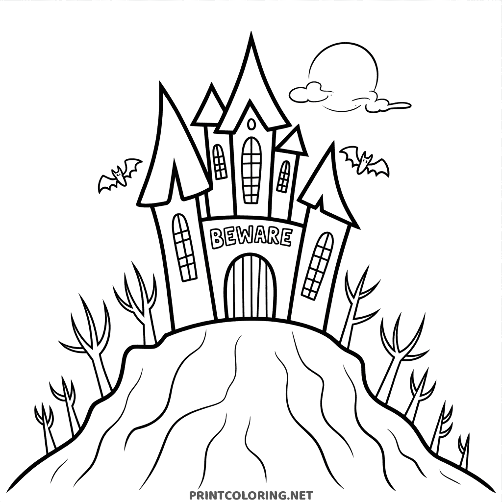 Halloween coloring page of a spooky castle on a hill with bats, bare trees, and a BEWARE sign over the door