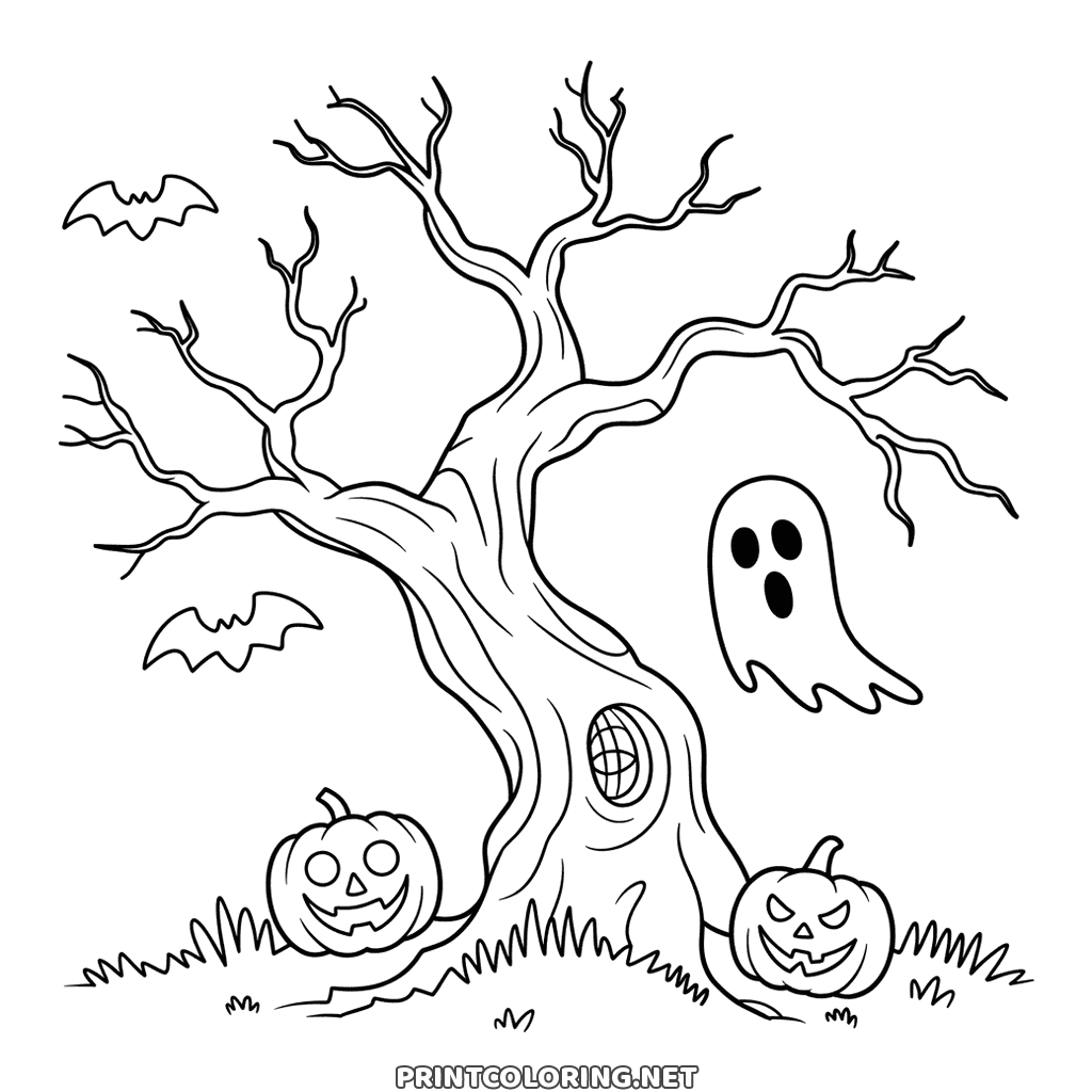 Spooky bare Halloween tree to color, hollow trunk, small ghost, bats and carved pumpkins